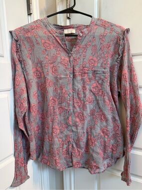 Wrap London Floral Cotton Gauze Button-Down Blouse Grey & Pink – Size US 16
